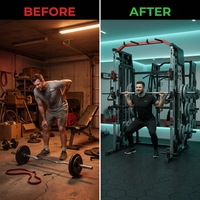 Smith Machine Home Gym All-In-1, 2200LBS Power Cage with Dual Cable Pulley Systems, LAT Pull-Down & Leg Hold-Down | Complete Strength Training Equipment for Full Body Workouts — Before & After